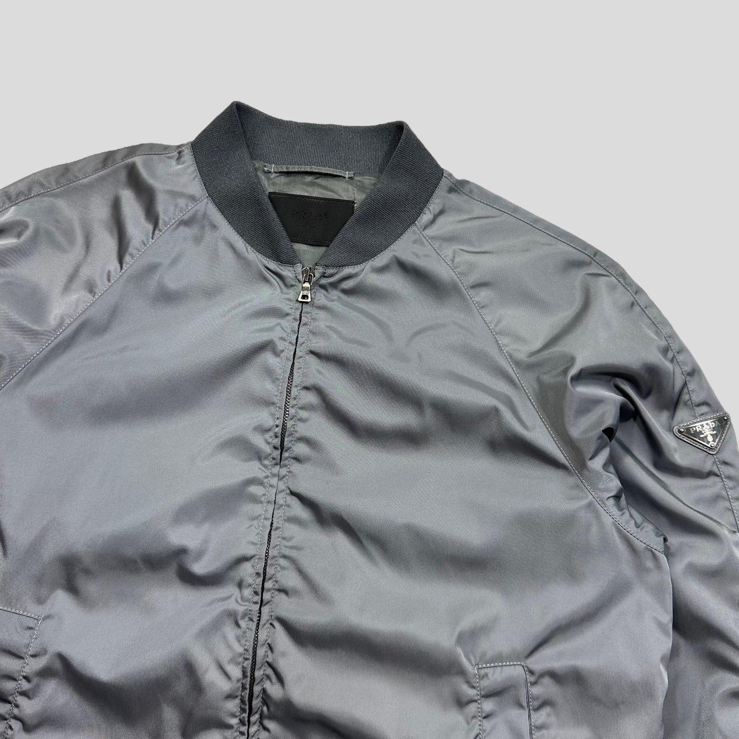 Prada Milano 2014 Metallic Grey Nylon Bomber Jacket - IT50