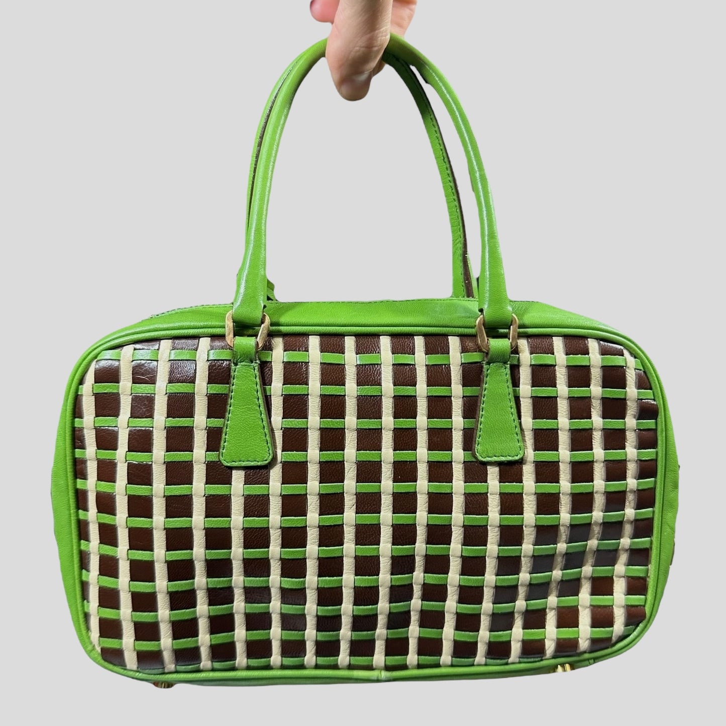 Prada 2001 Mini Top Handle Leather Woven Bag + Cards & Dustbag