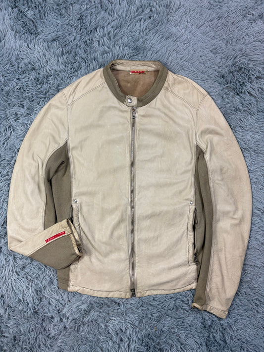 Prada Sport 2004 Cream Leather + Cotton Panelled Biker Jacket - M