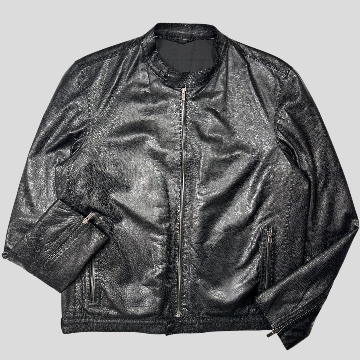 Fendi FF Textured Leather Exaggerated Stitch Moto Jacket - L