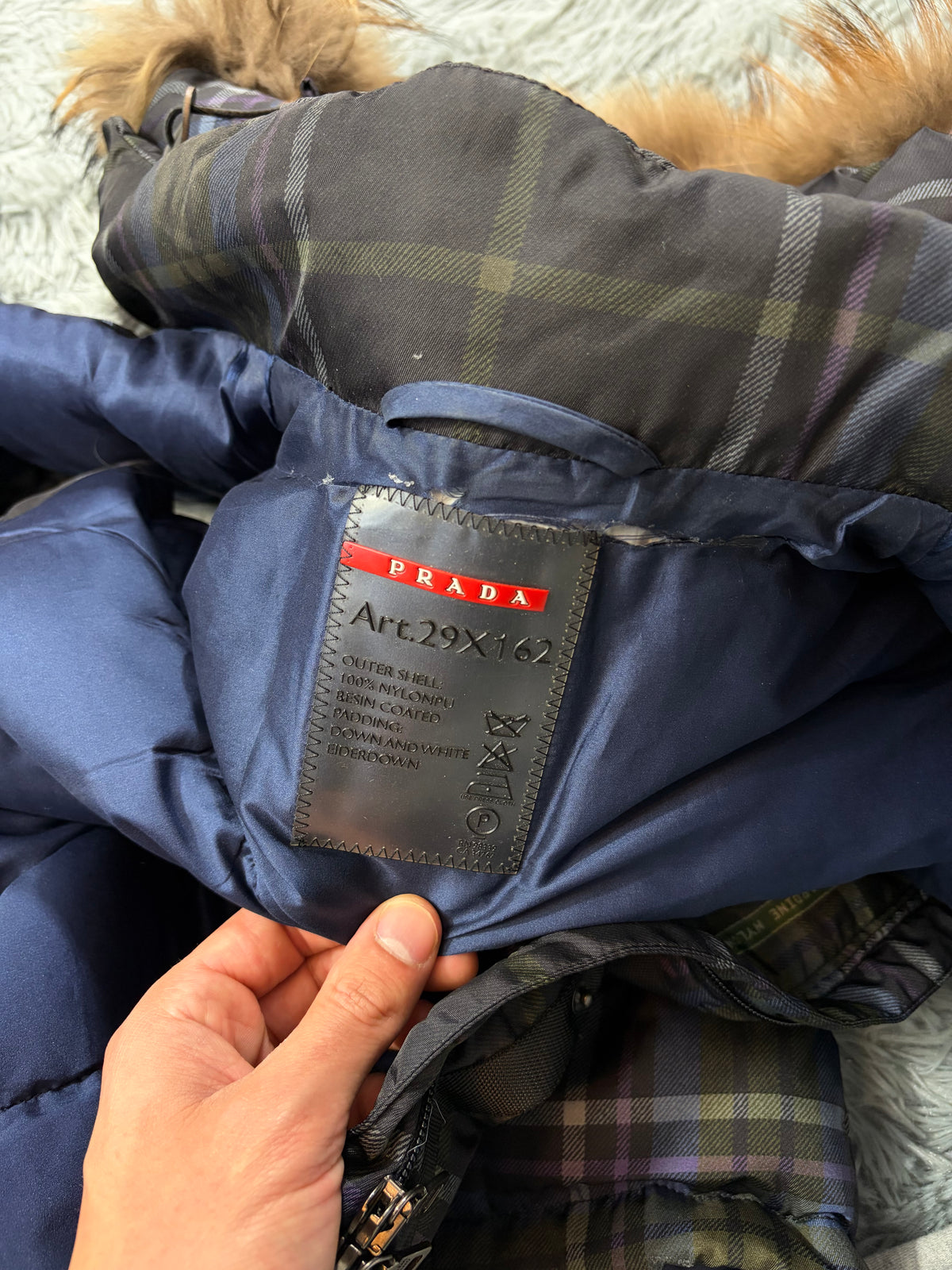 Prada Sport 2011 Shadow Plaid Raccoon Fur Nylon Puffer Gilet - M
