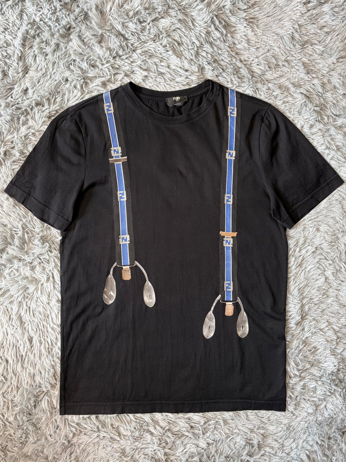 Fendi FF Zucca Roma Black Suspenders Logo T-shirt - M