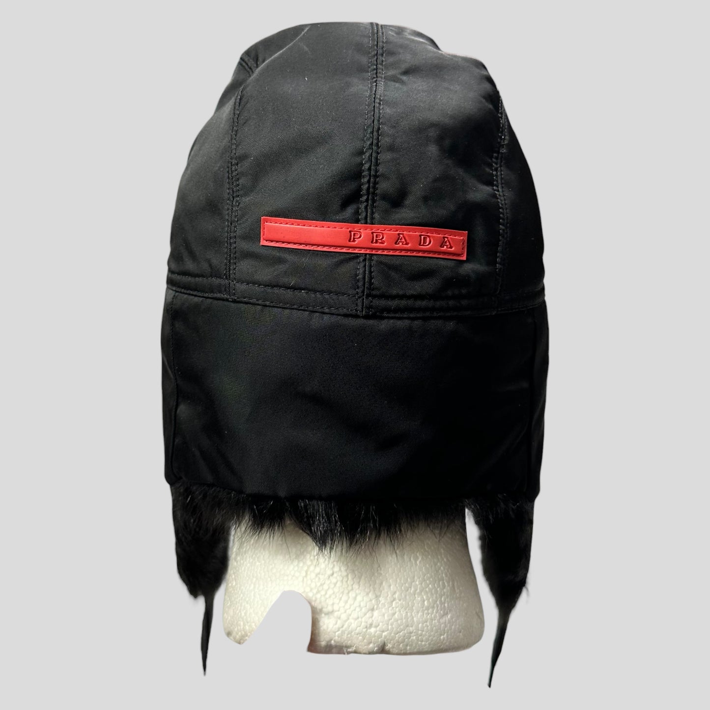 Prada Sport AW99 Goat Fur Nylon Canvas Trapper Hat - L (M)