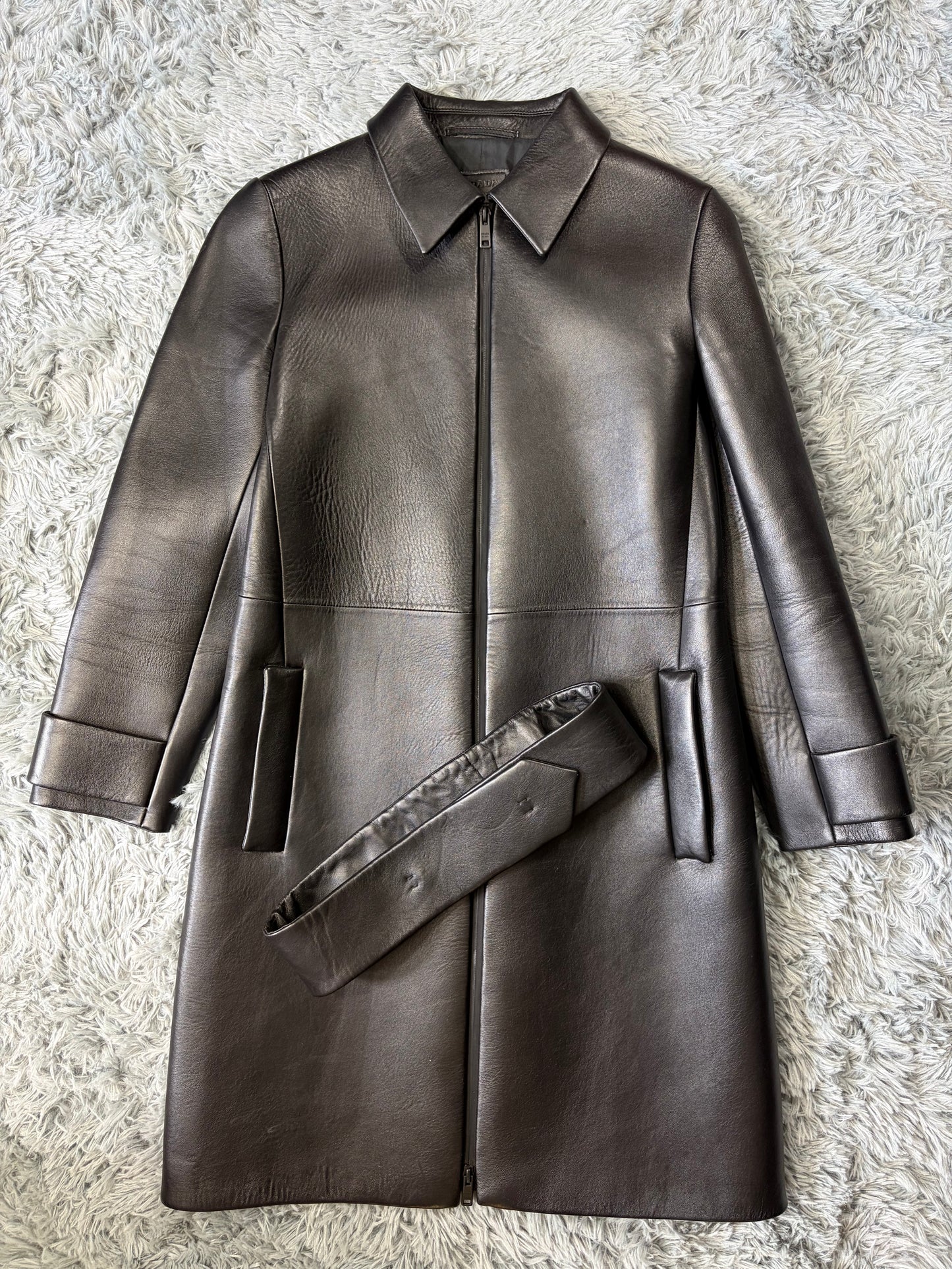 Prada 2018 Race Logo Leather Belted Trench Coat - IT40