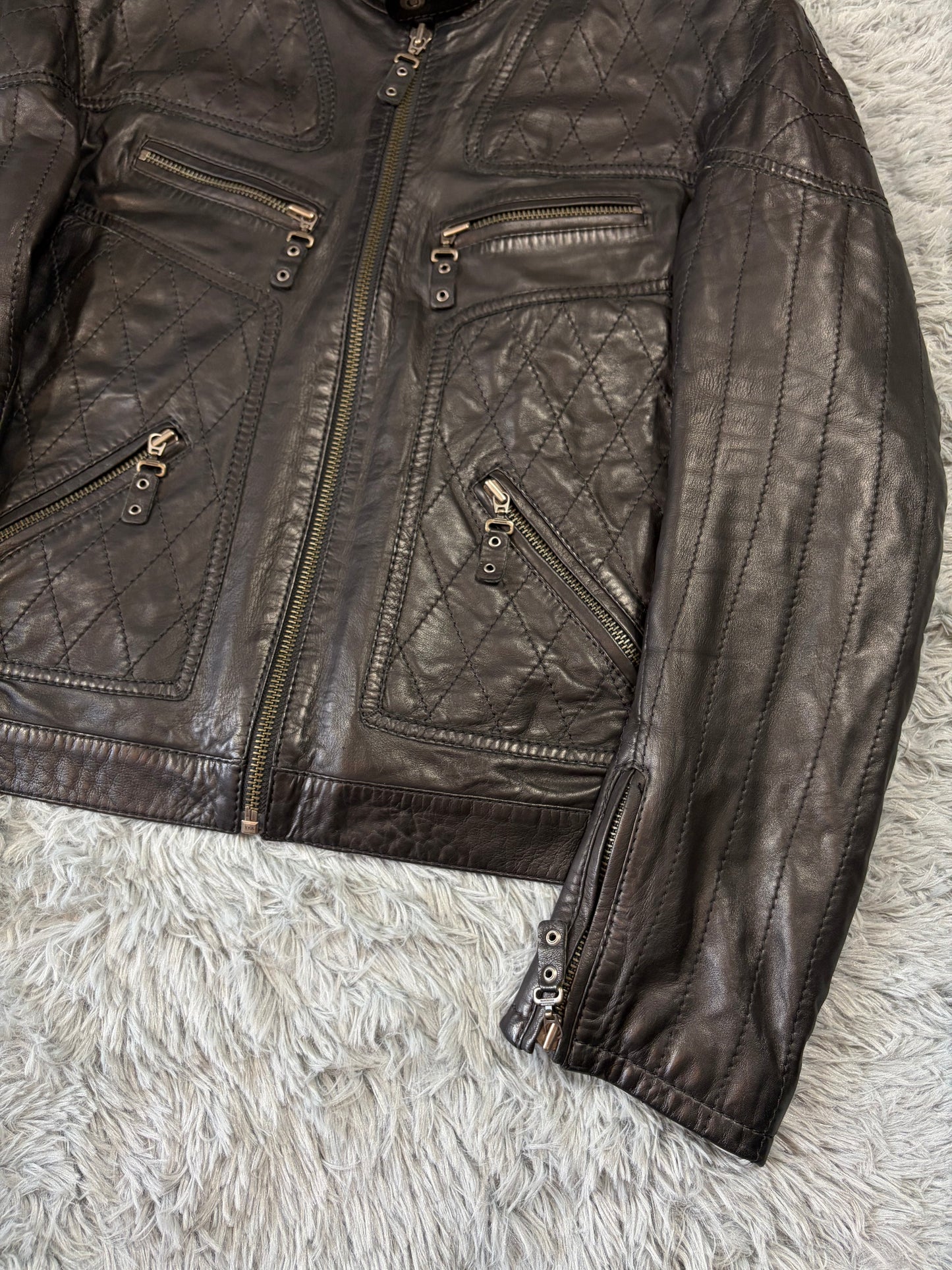 Just Cavalli SS08 Leather Quilted Multipocket Panelled Biker Jacket - L