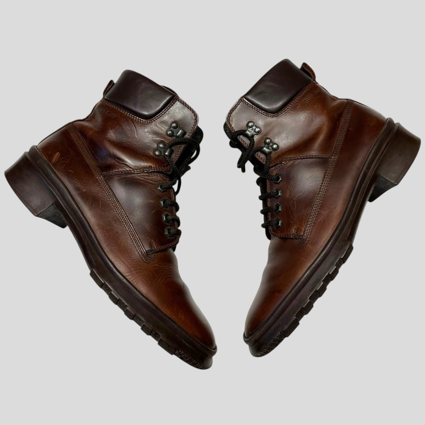 Miu Miu 00’s Padded Leather Embossed Logo Combat Boots - UK8