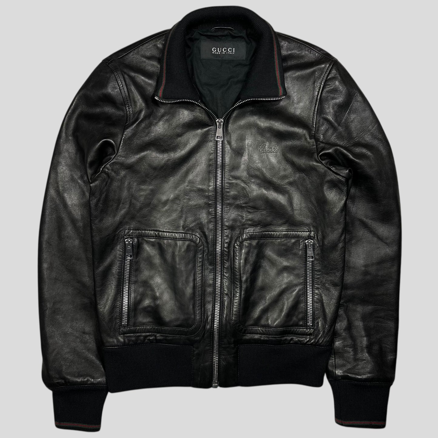 Gucci Nappa Leather Logo Web Bomber Jacket - IT46 (S)