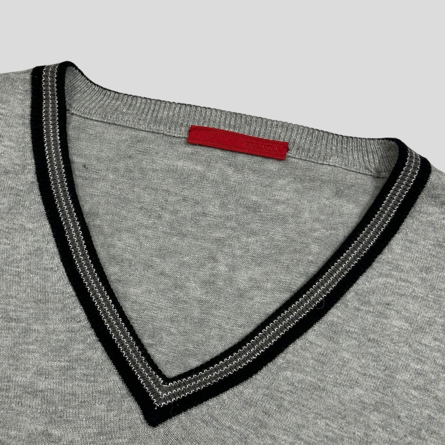 Prada Sport 2008 Red Logo Tab Rib Detail V-neck Knit Jumper - M