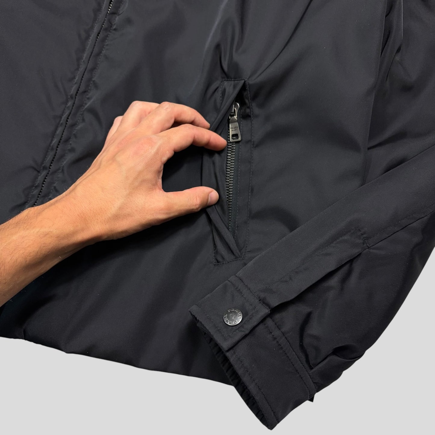 Prada 2013 Triangle Logo Gabardine Nylon & Leather Blouson Jacket - L/XL