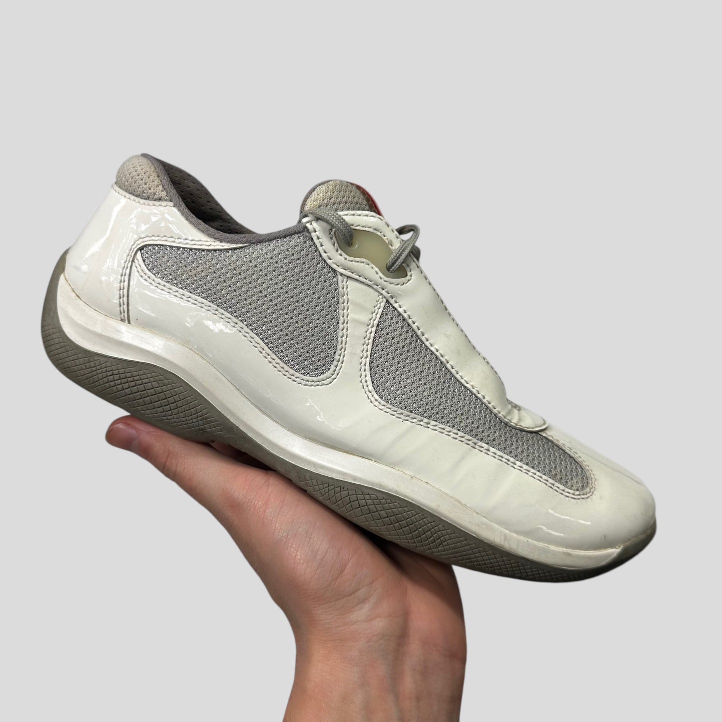 Prada Americas Cup Patent White & Grey Mesh Trainer - UK3.5