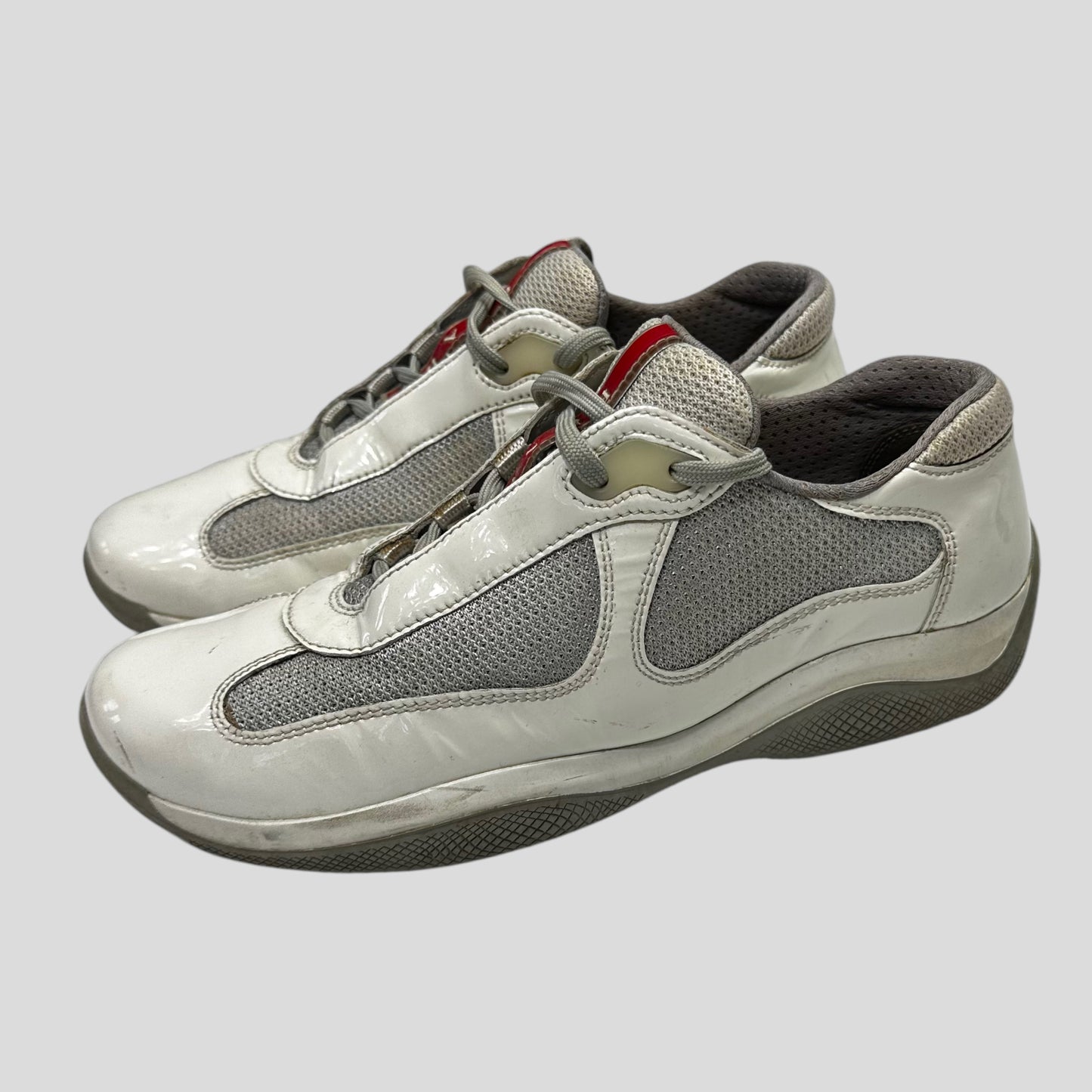 Prada Americas Cup Patent White & Grey Mesh Trainer - UK3.5