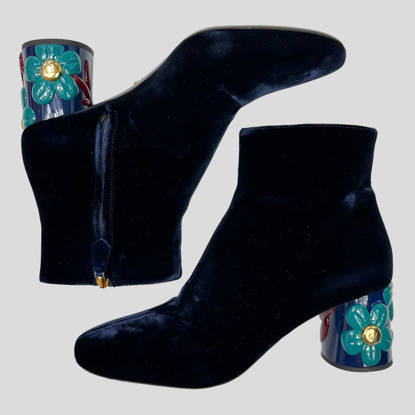 Prada Milano Floral Heel Blue Velvet Boots - UK7