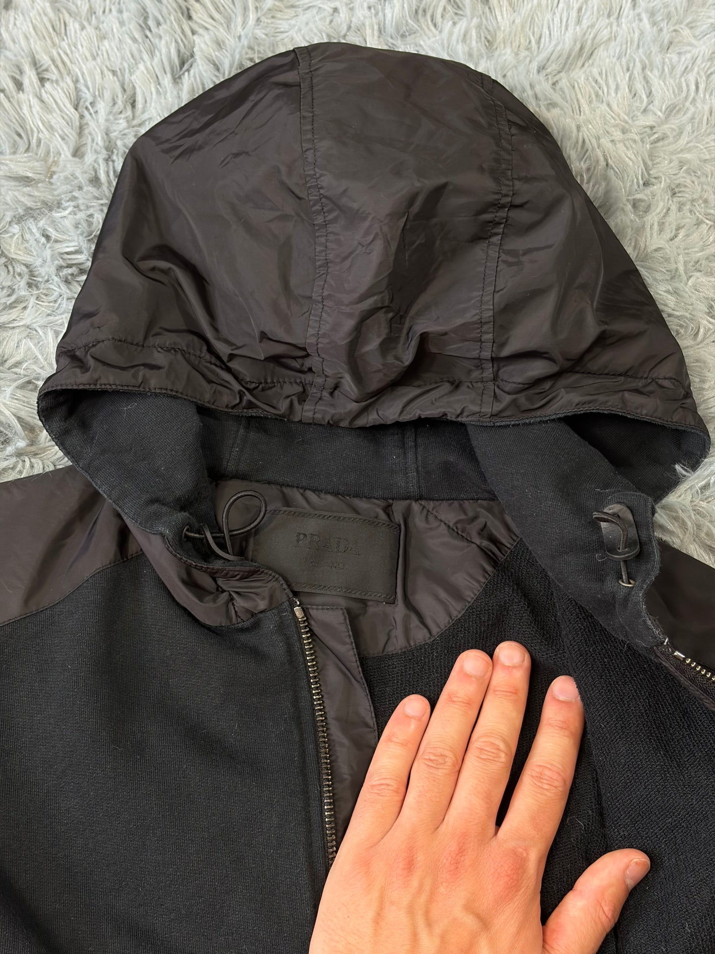 Prada 2022 Triangle Graphic Logo Nylon Panelled Hoodie Jacket - M