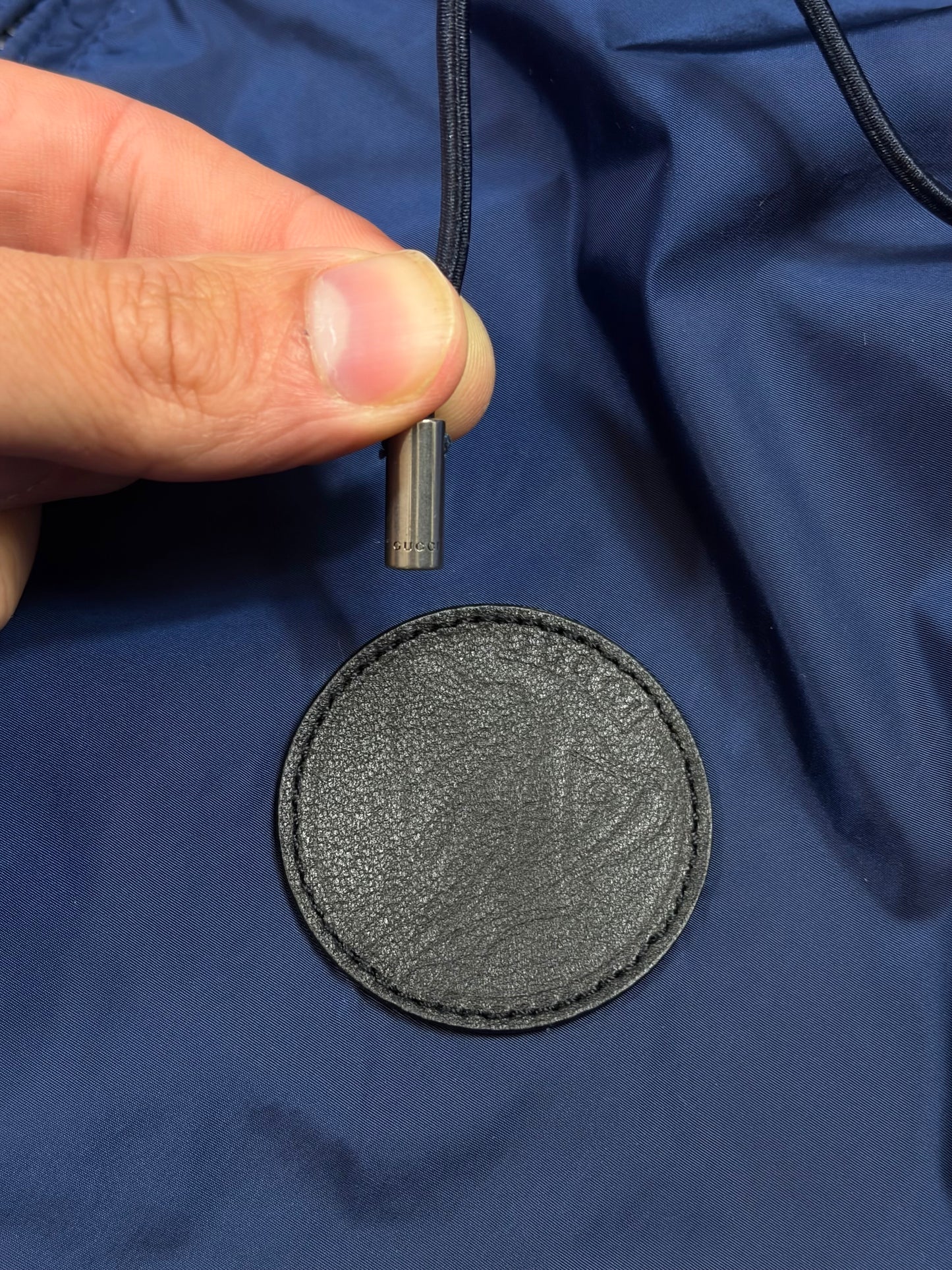Gucci 2017 Metallic Blue Leather Crest Logo Nylon Jacket - M