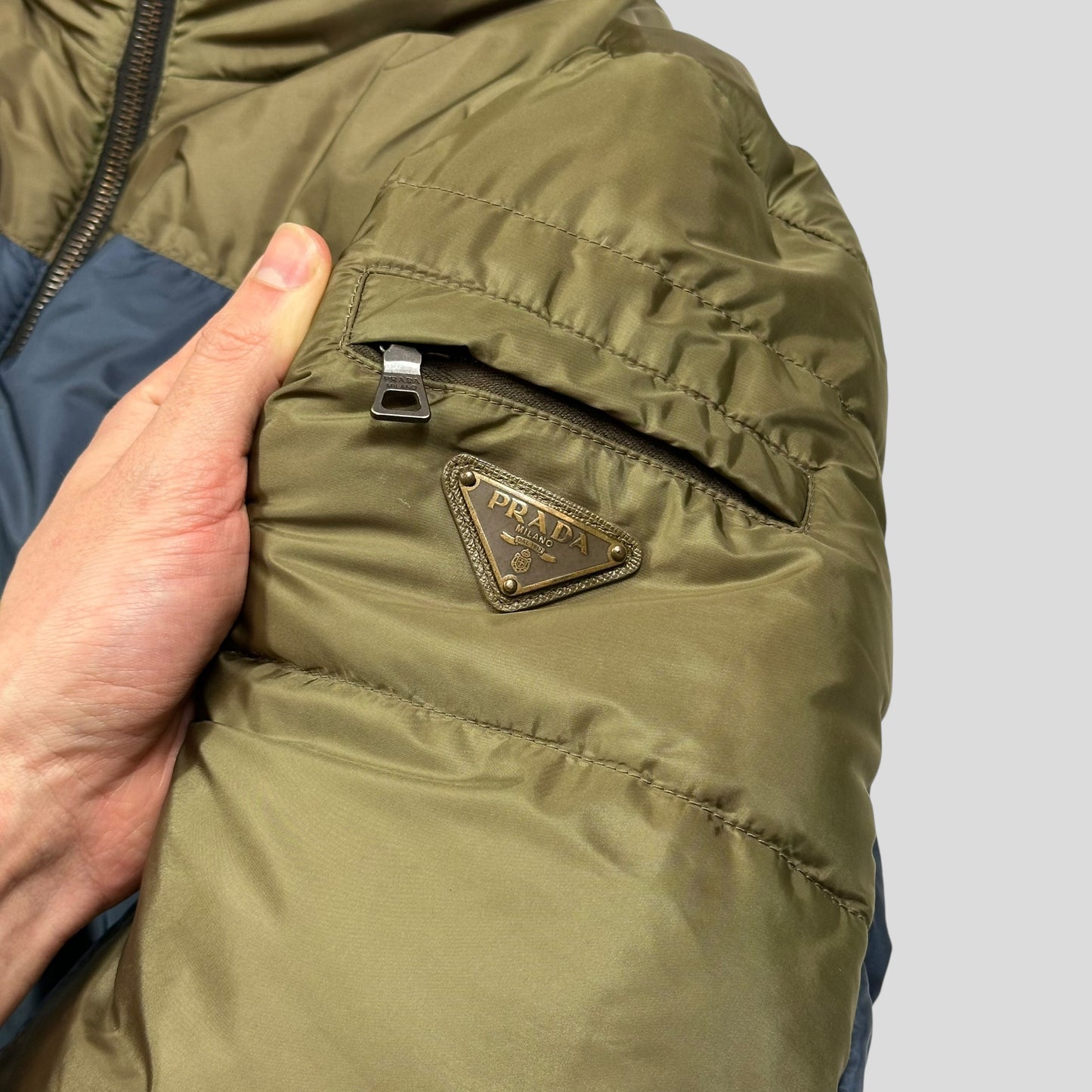 Prada Milano 2012 Leather Reversible Triangle Logo Nylon Puffer Jacket - L