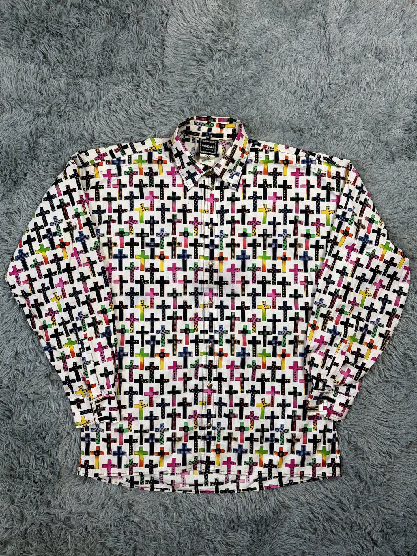 Versace VJC 90’s Rainbow Crosses Medusa Button Shirt - M (L/XL)