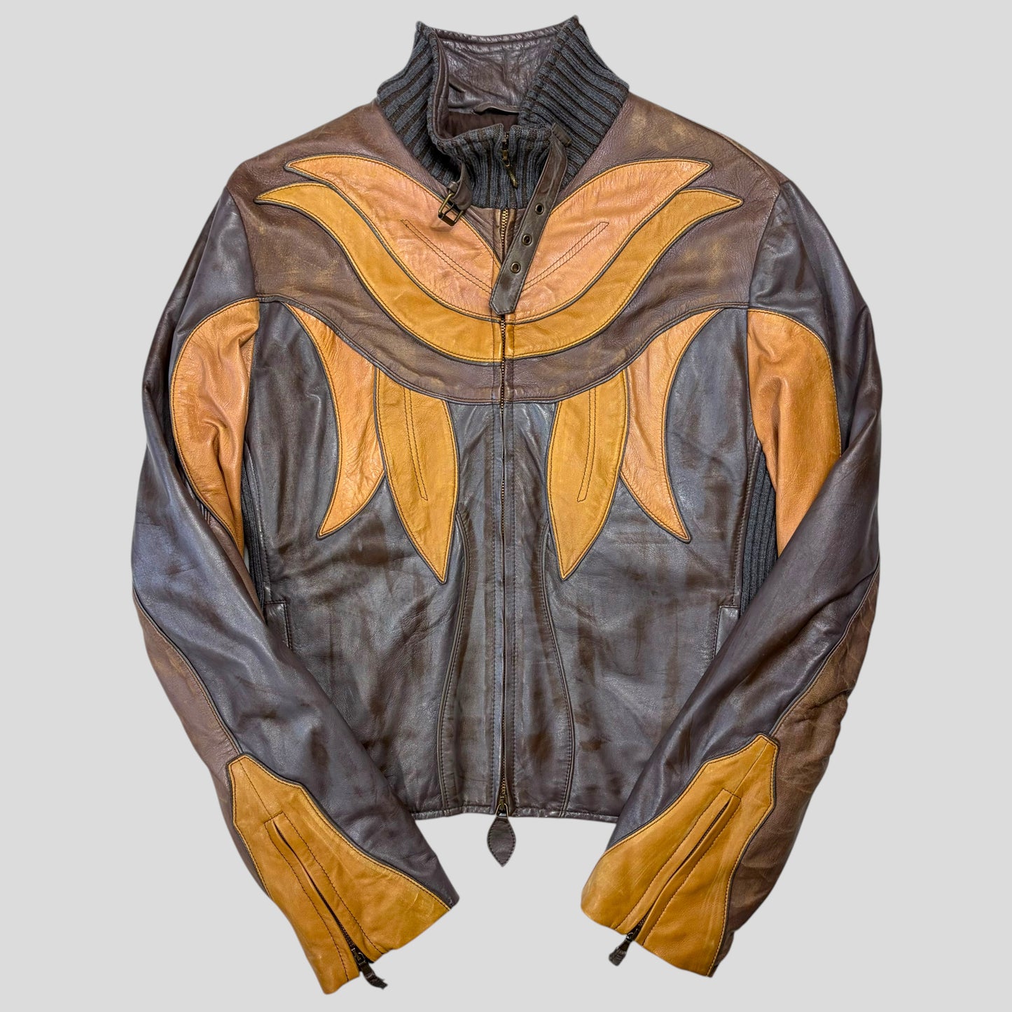 Roberto Cavalli Class 00’s Parrot Patchwork Leather Biker Jacket - M/L
