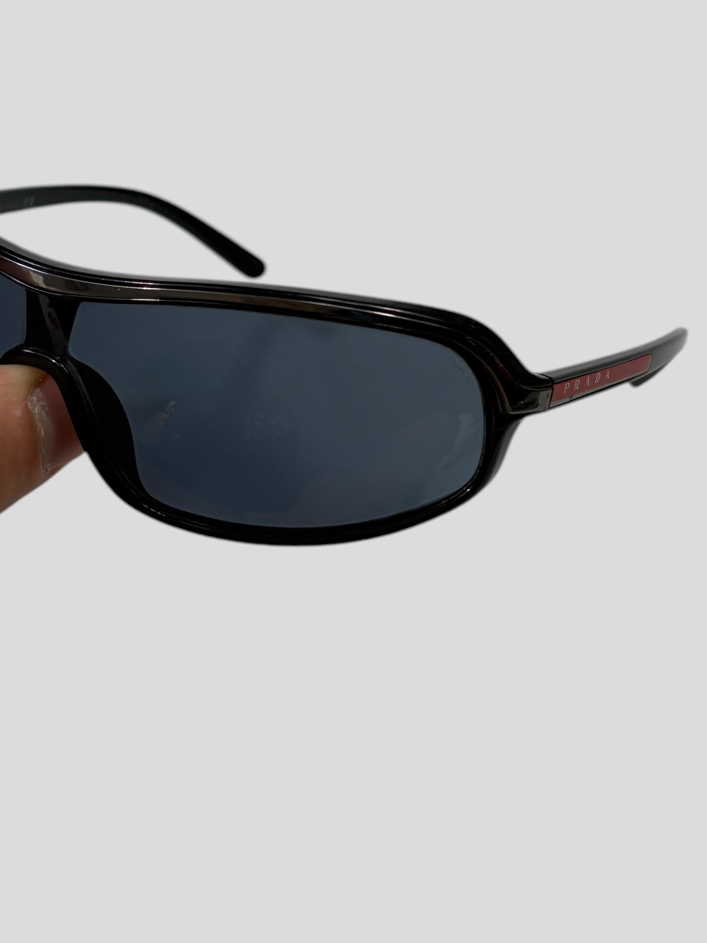 Prada Sport 00’s Red Logo Blue Lens Shield Sunglasses