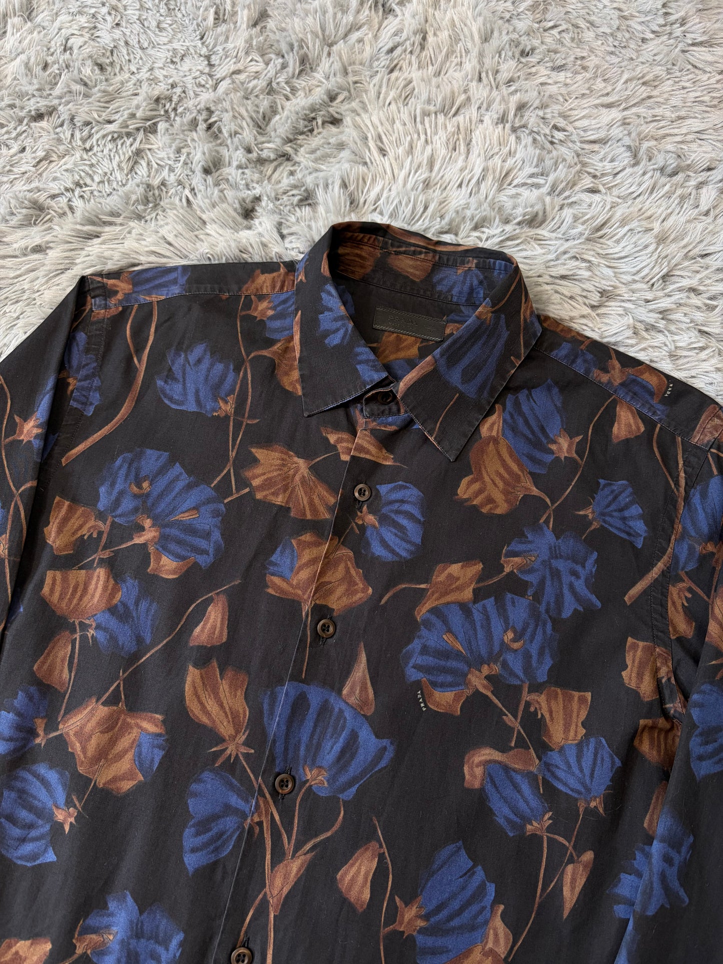 Prada Milano 2008 Hibiscus Black Floral Logo Shirt - M/L