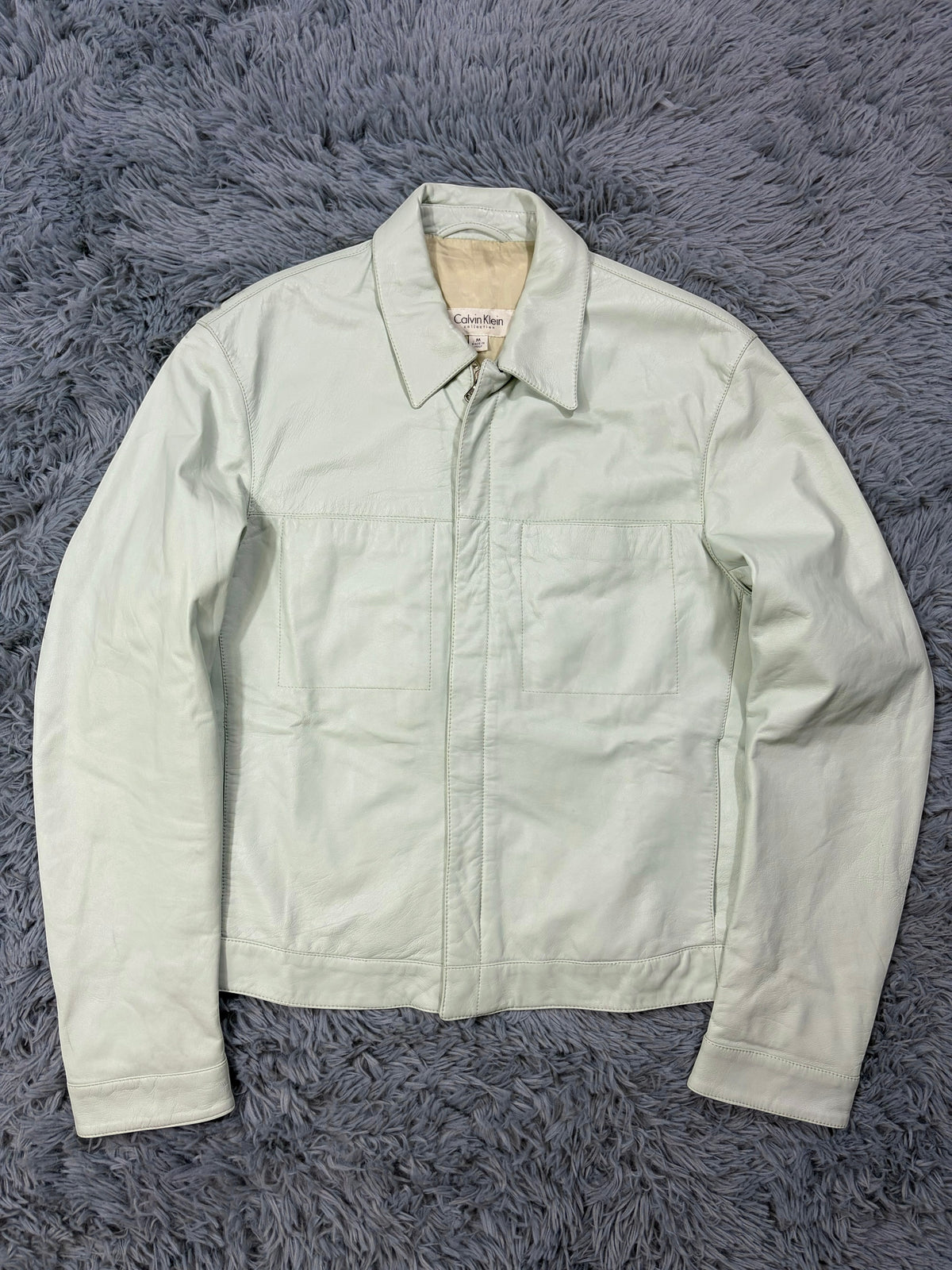 Calvin Klein Collection 00’s Mint Green Leather Fitted Trucker Jacket - M