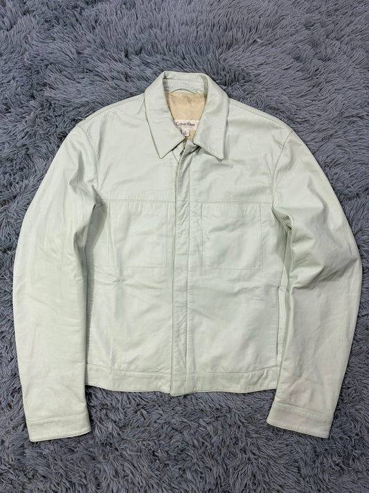 Calvin Klein Collection 00’s Mint Green Leather Fitted Trucker Jacket - M