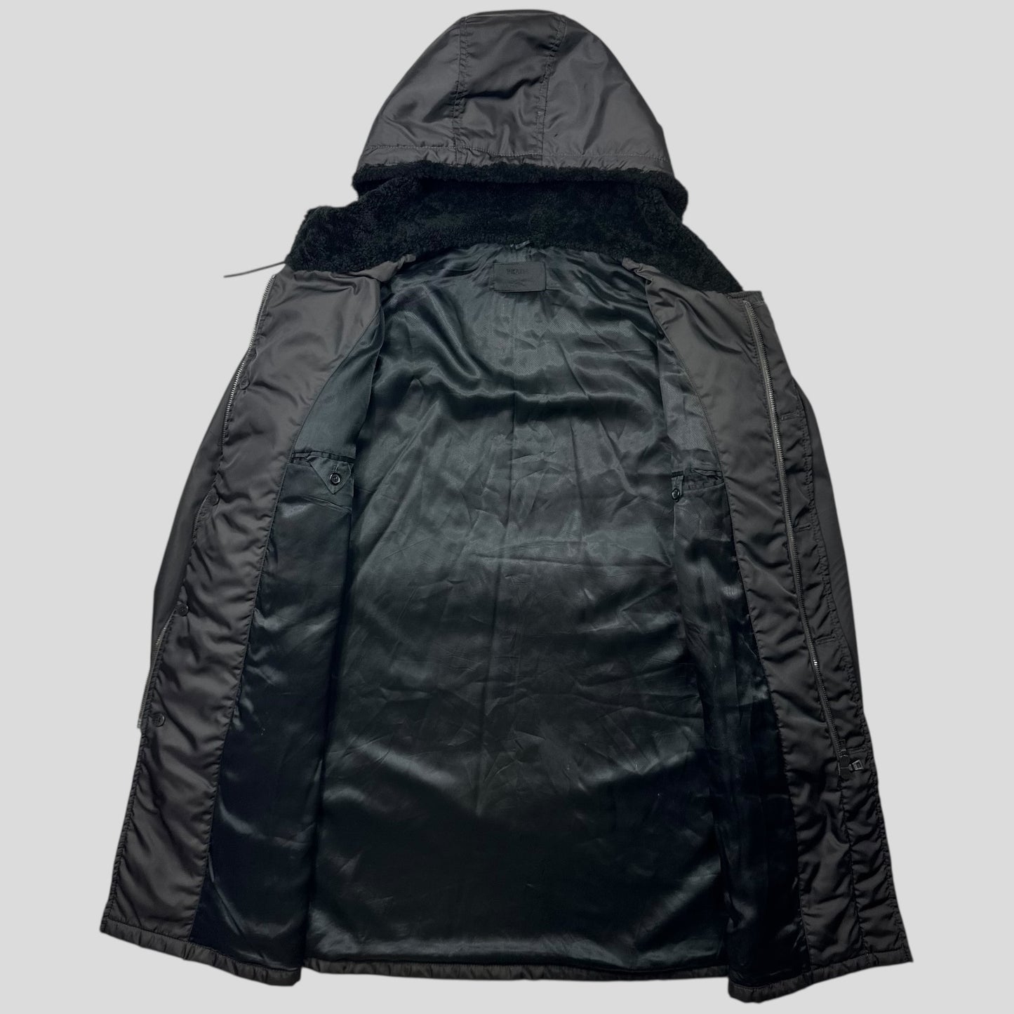 Prada Milano 00’s Sherpa Hood Padded Nylon Canvas Multipocket Coat - XXL