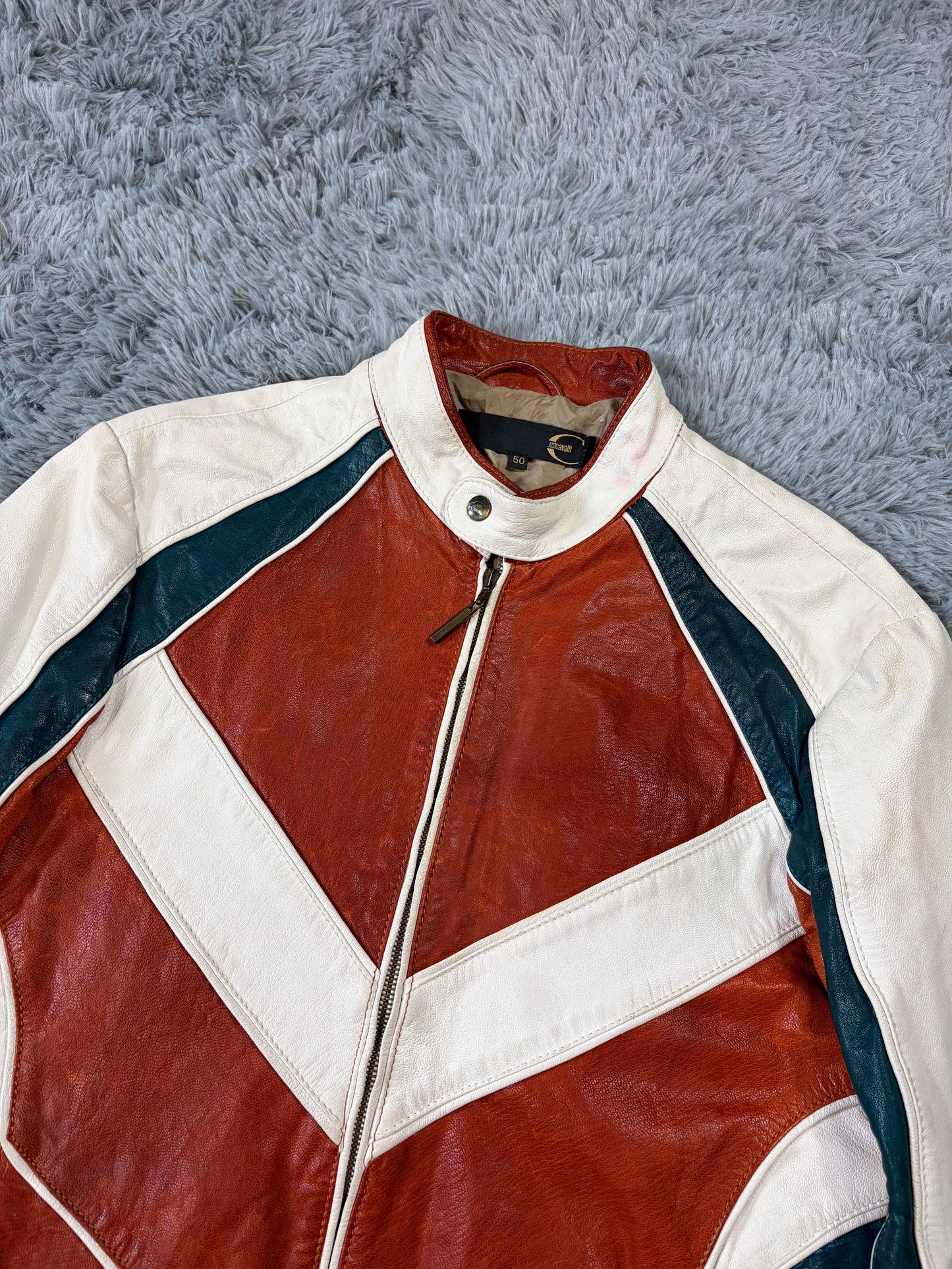 Just Cavalli 2005 Leather Panelled Moto Racer Jacket - M