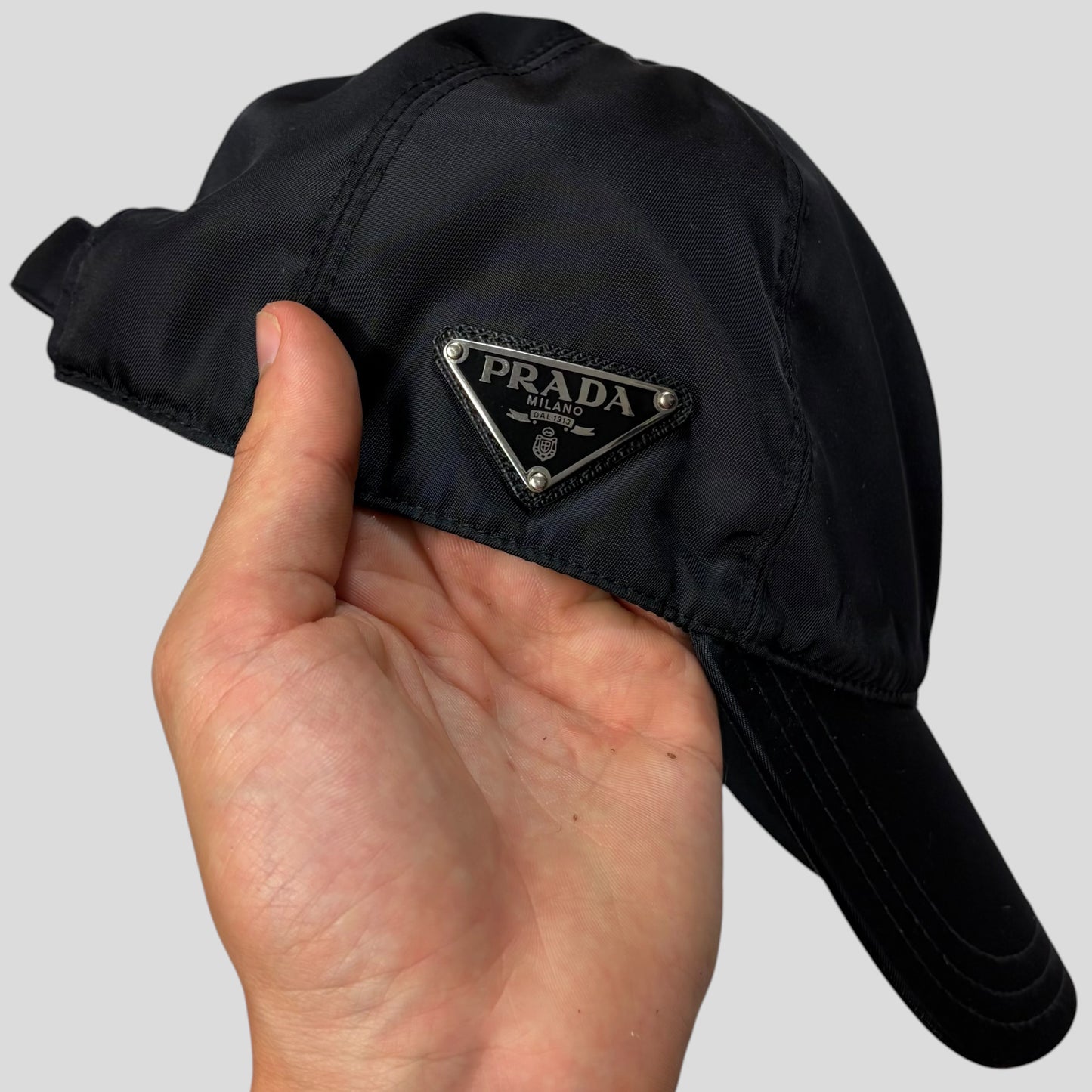 Prada Milano Triangle Plaque Logo Black Nylon Baseball Cap - M/L