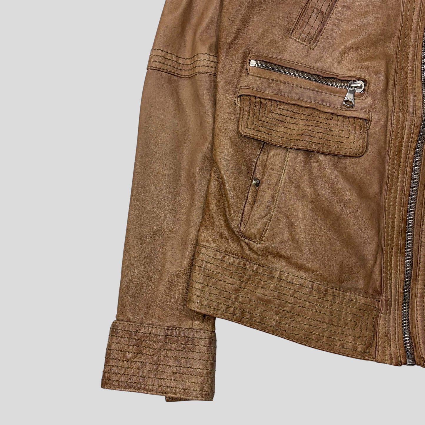 Dolce & Gabanna 2011 Antique Effect Leather Cargo Biker Jacket - M