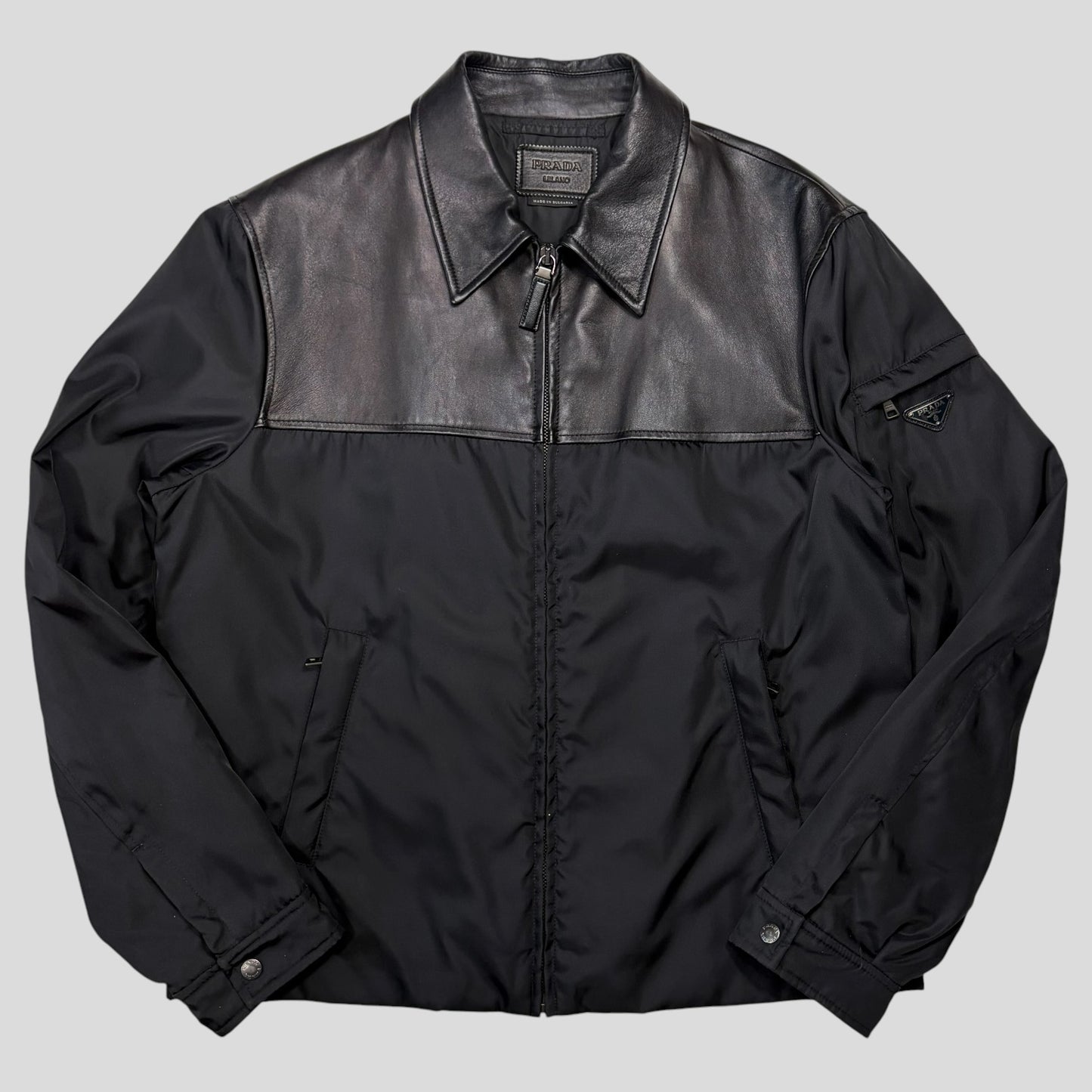Prada 2013 Triangle Logo Gabardine Nylon & Leather Blouson Jacket - L/XL