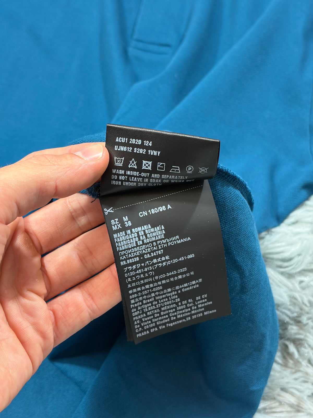 Prada 2020 Big Spellout Logo Teal Blue Taped Polo Shirt - M