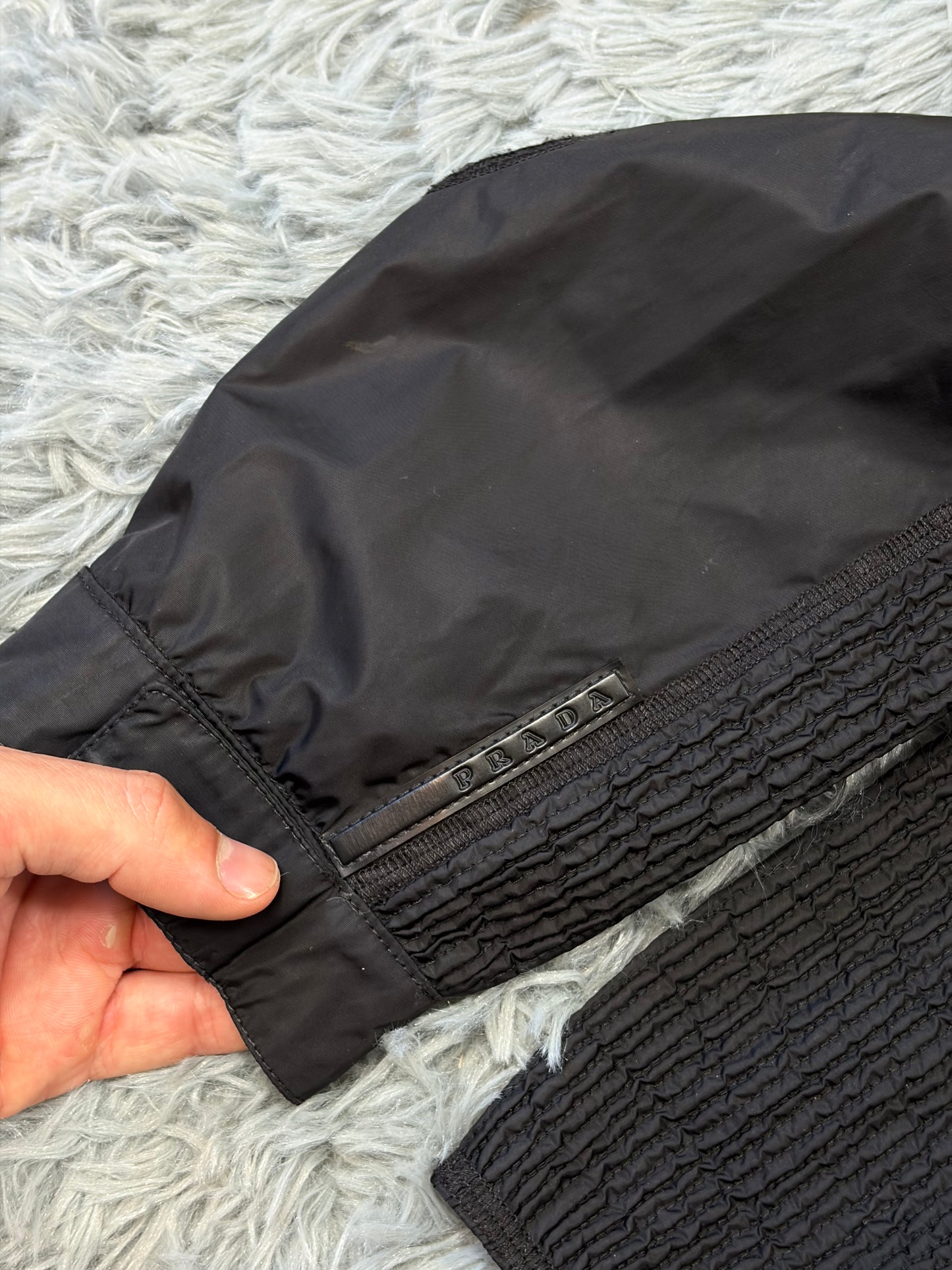 Prada Sport 2008 Pleated Black Tab Nylon Biker Jacket - M