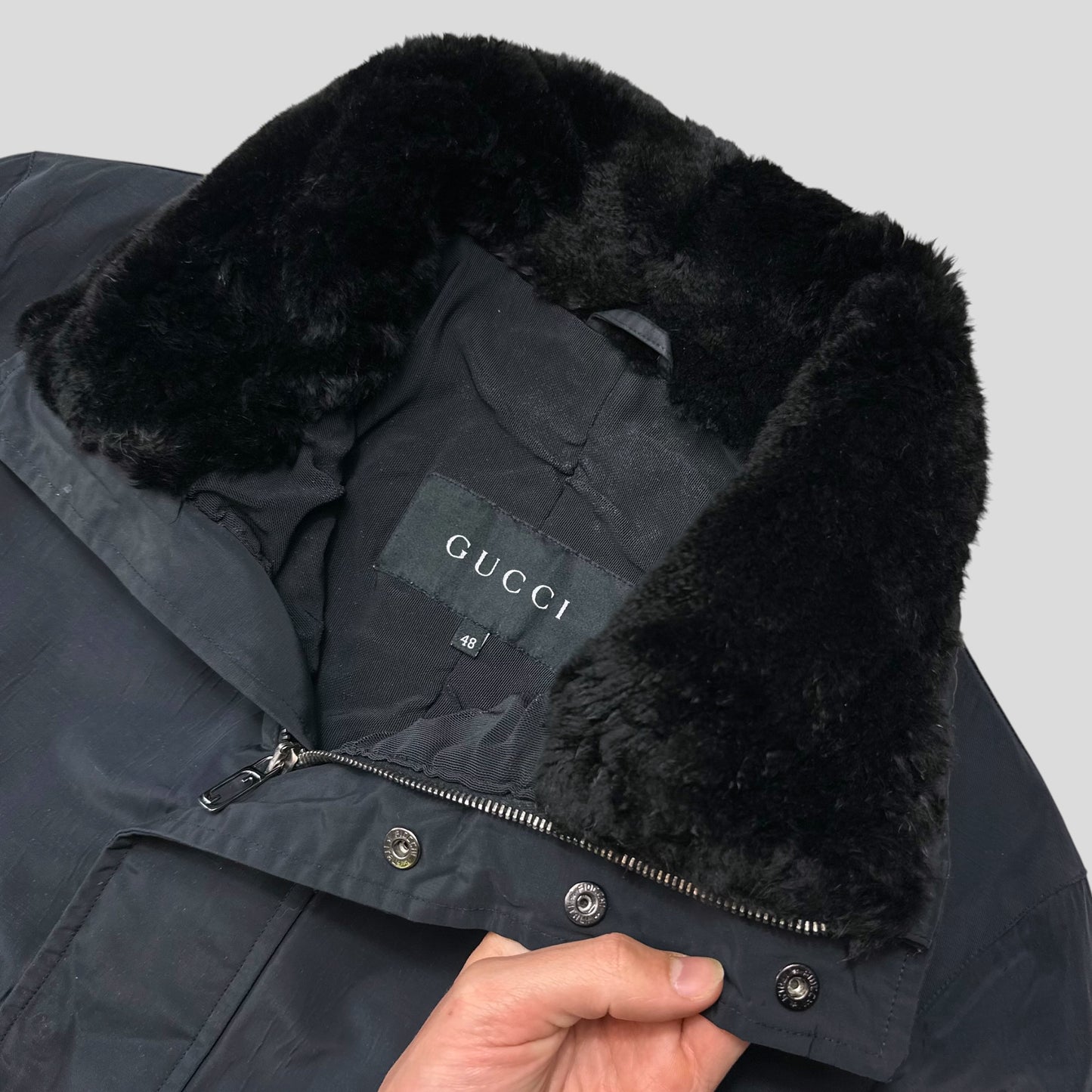 Gucci by Tom Ford 1999 Ballistic Nylon Taped Seam Shearling Collar Coat - L
