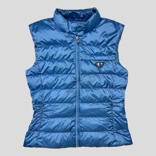 Prada Milano 2011 Satin Blue Nylon Down Logo Gilet