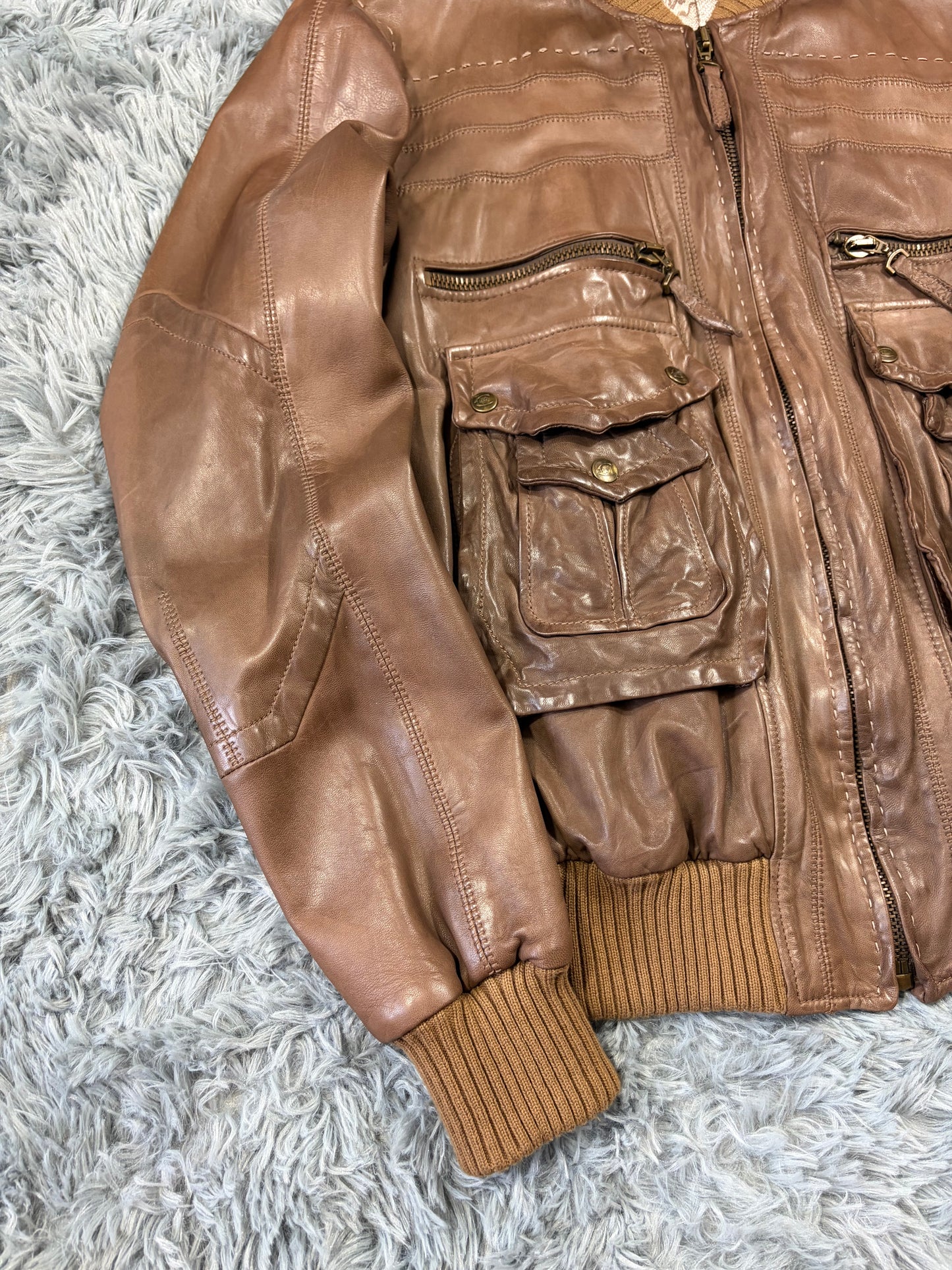 Just Cavalli SS07 Leather 3D Cargo Pocket Pleated Western Bomber - M