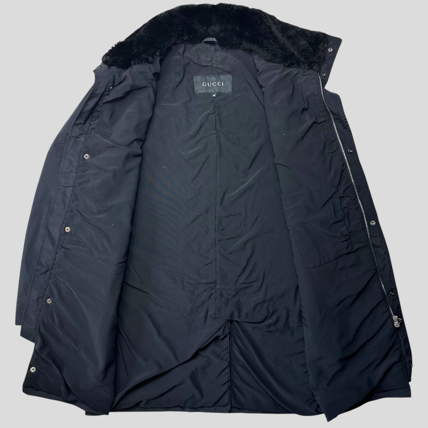 Gucci by Tom Ford 1999 Ballistic Nylon Taped Seam Shearling Collar Coat - L