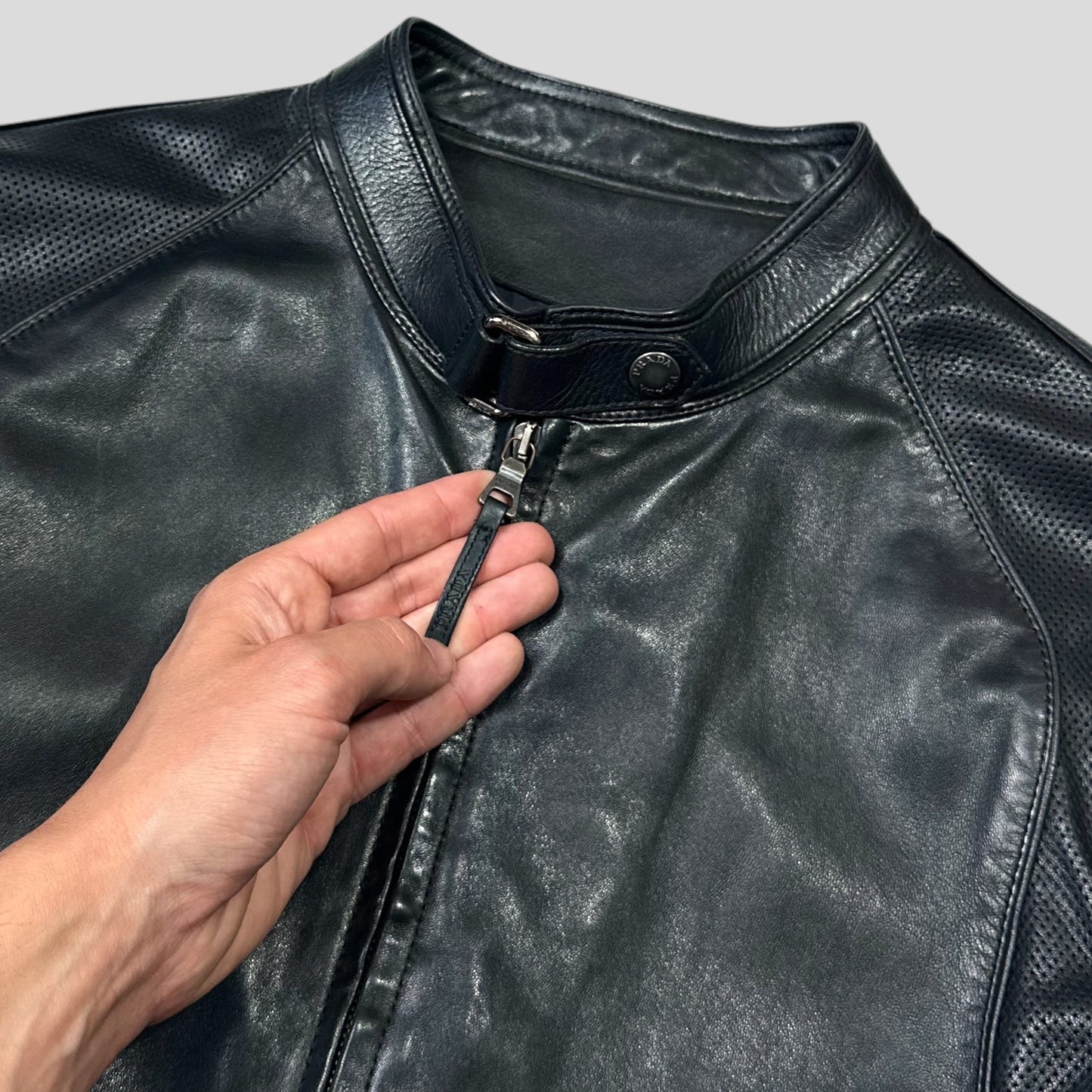 Prada Sport 2006 Leather Perforated Café Racer Logo Jacket - M