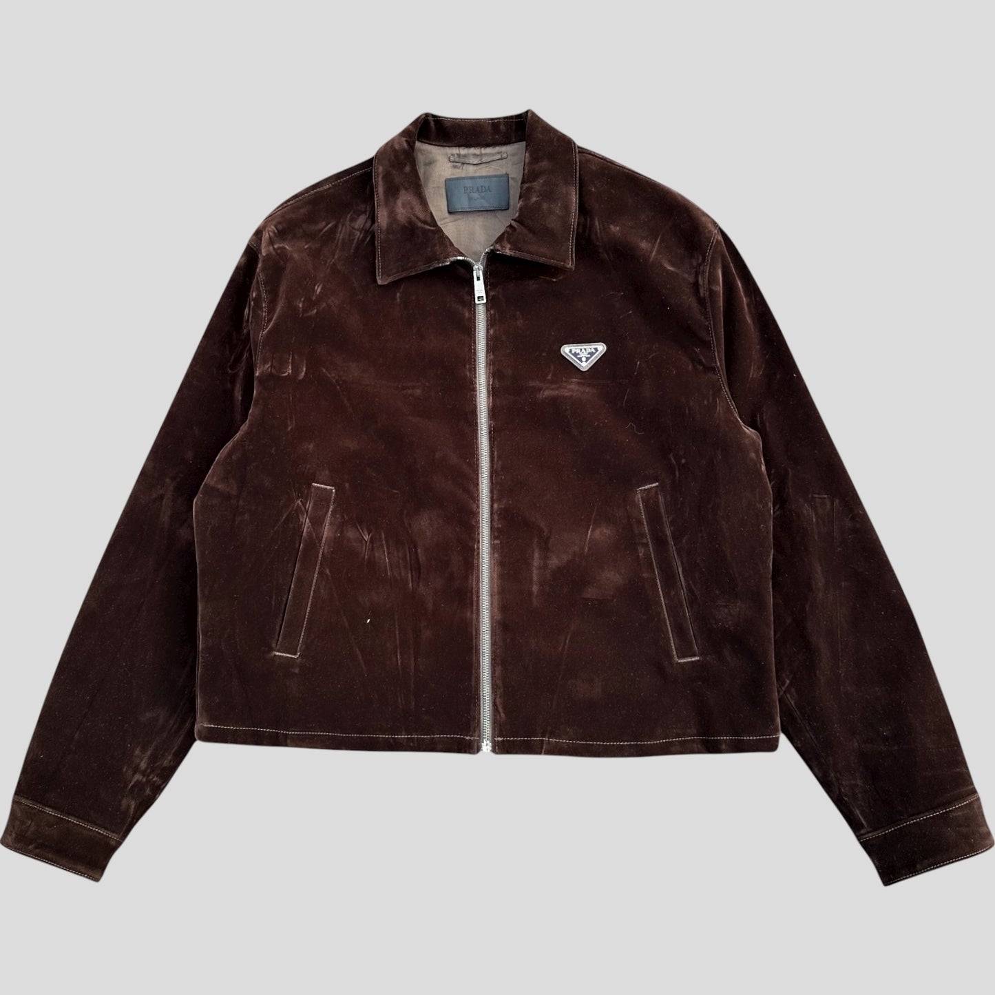 Prada 2024 Brown Velvet Velour Plaque Logo Boxy Jacket - M/L