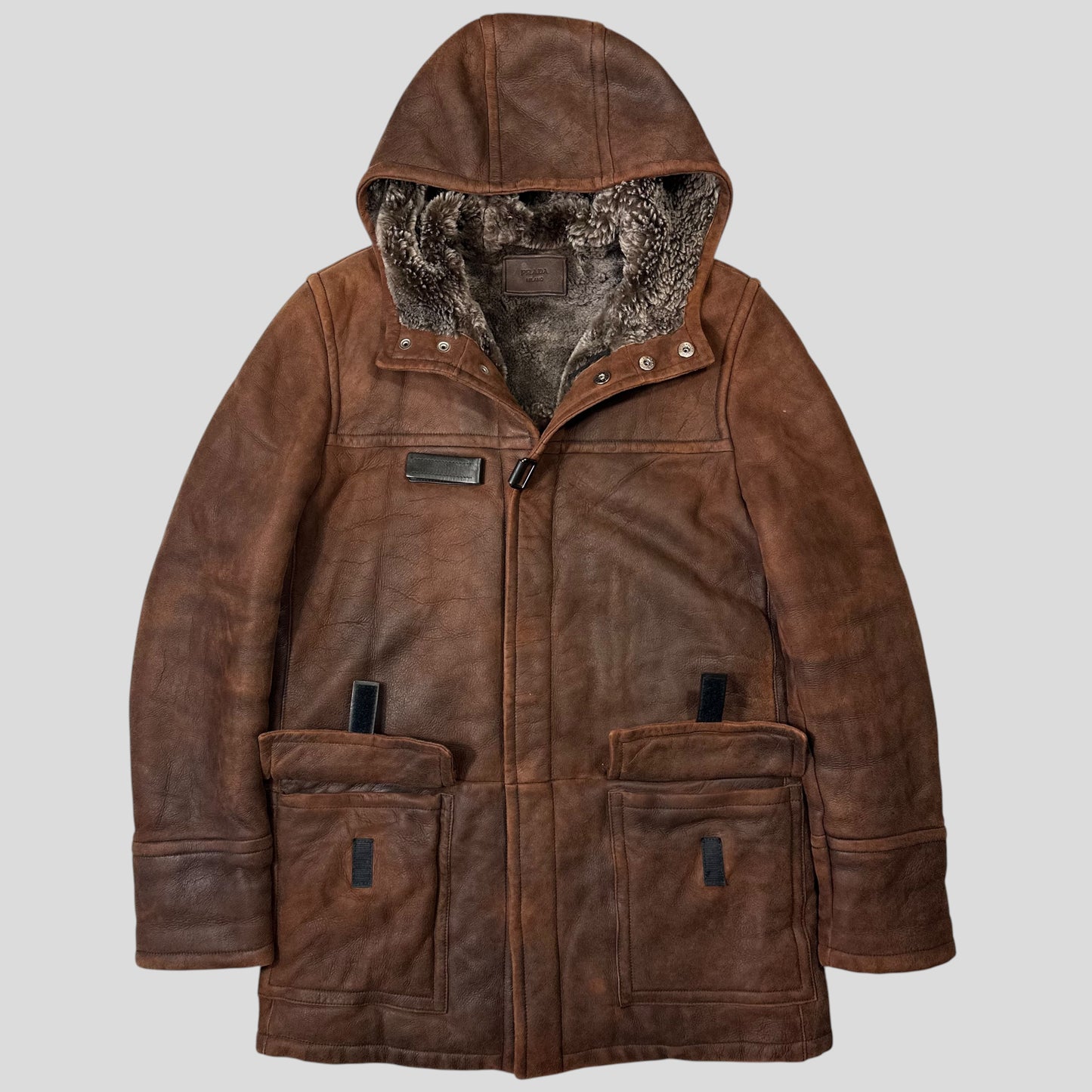 Prada Milano 2010 Sheepskin Fur & Leather Strap Hooded Coat - IT50