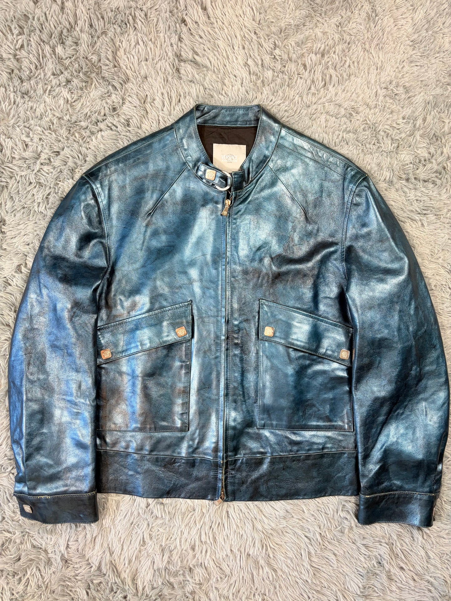 Versace VJC 00’s Blue Leather Metallic Rockstar Jacket - L