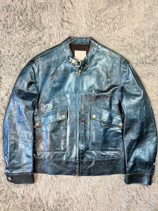 Versace VJC 00’s Blue Leather Metallic Rockstar Jacket - L