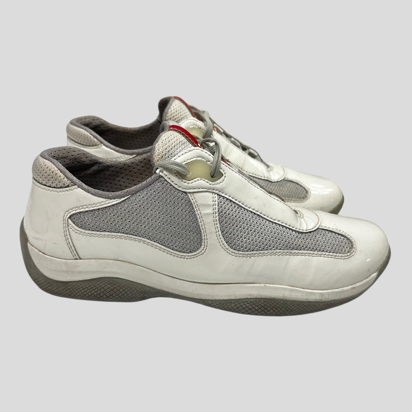 Prada Americas Cup Patent White & Grey Mesh Trainer - UK3.5