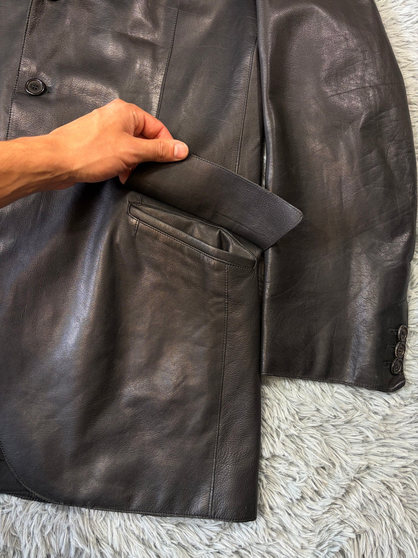 Prada Milano 00’s Black Leather Lined Asymmetric Blazer Coat - IT52