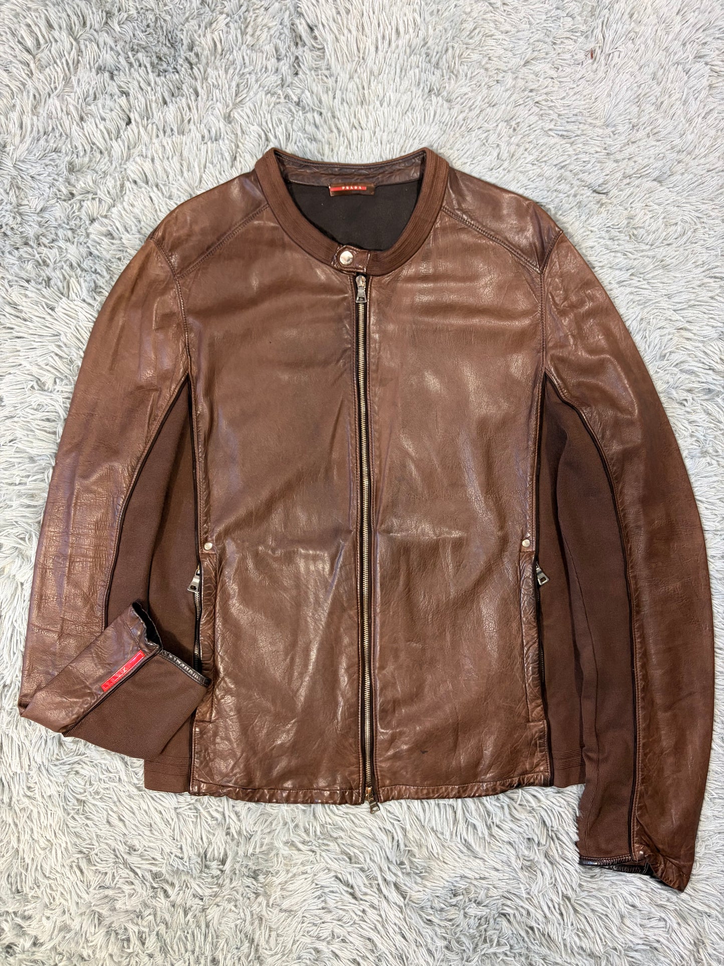 Prada Sport 2004 Brown Leather + Cotton Panelled Biker Jacket - L