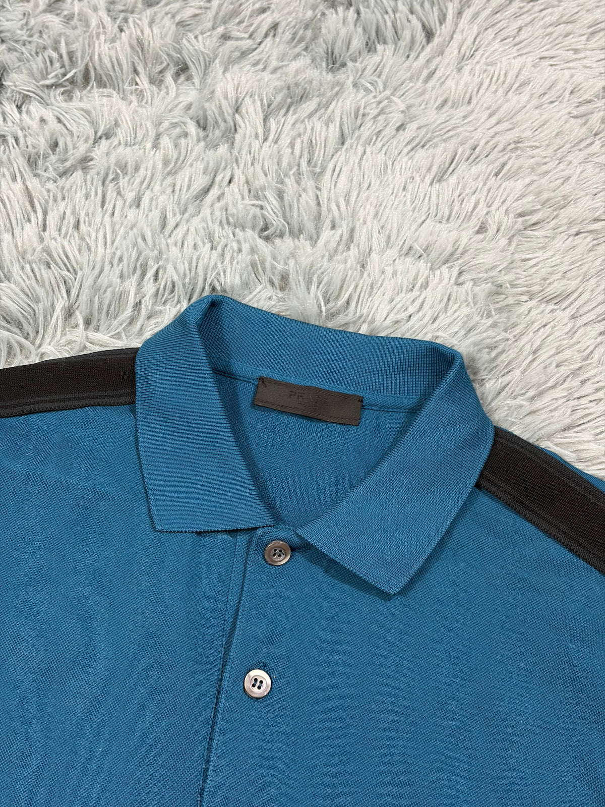 Prada 2020 Big Spellout Logo Teal Blue Taped Polo Shirt - M