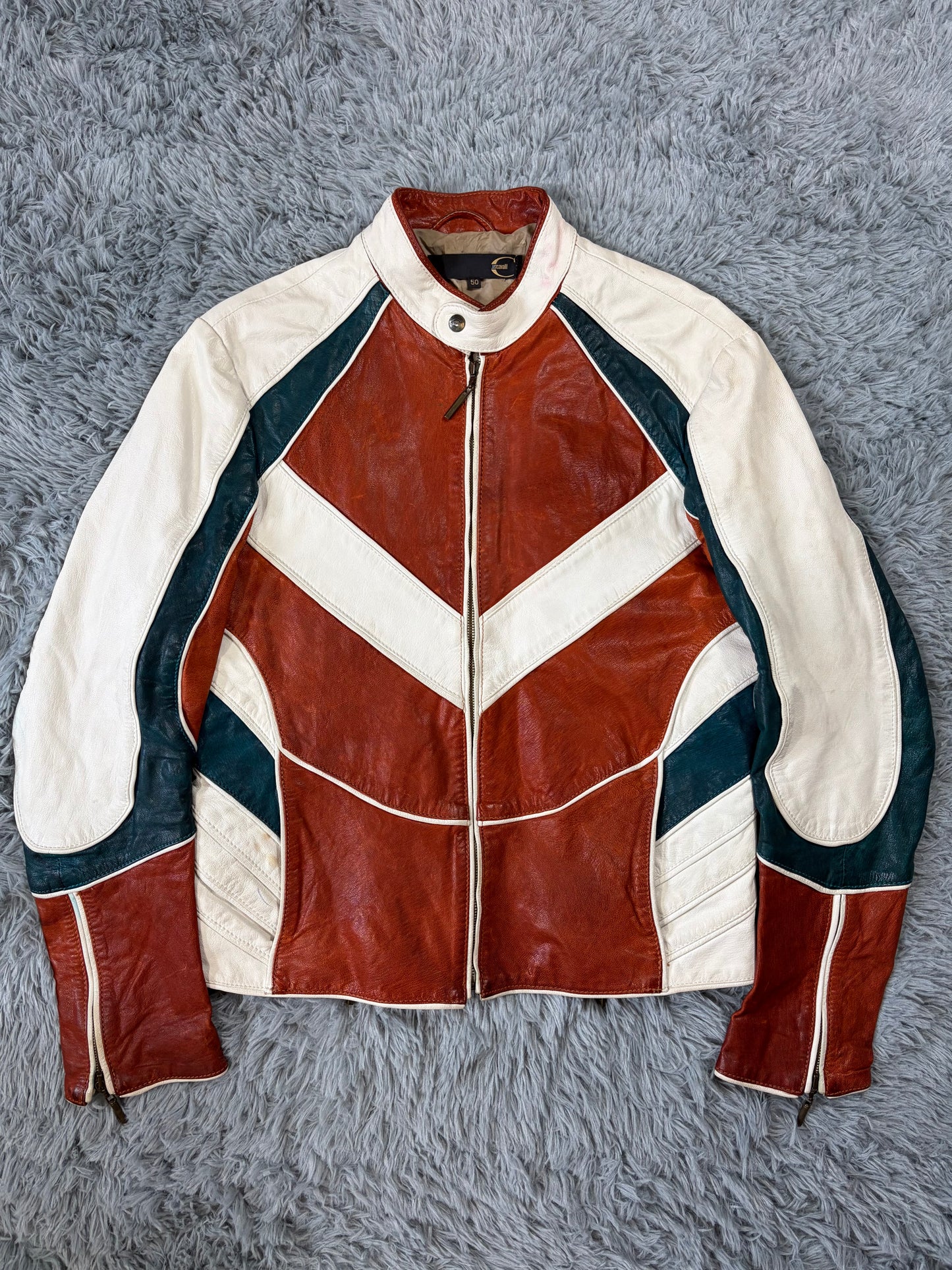 Just Cavalli 2005 Leather Panelled Moto Racer Jacket - M