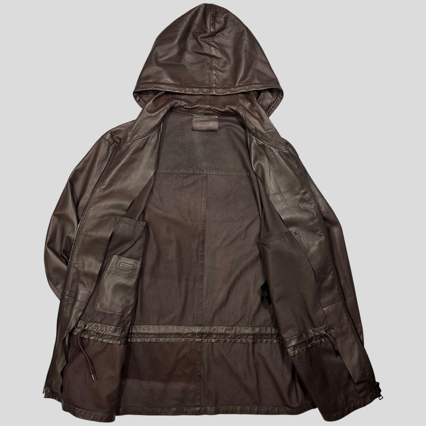 Prada Milano 00’s Nappa Leather Stash Pocket Hooded Jacket - L