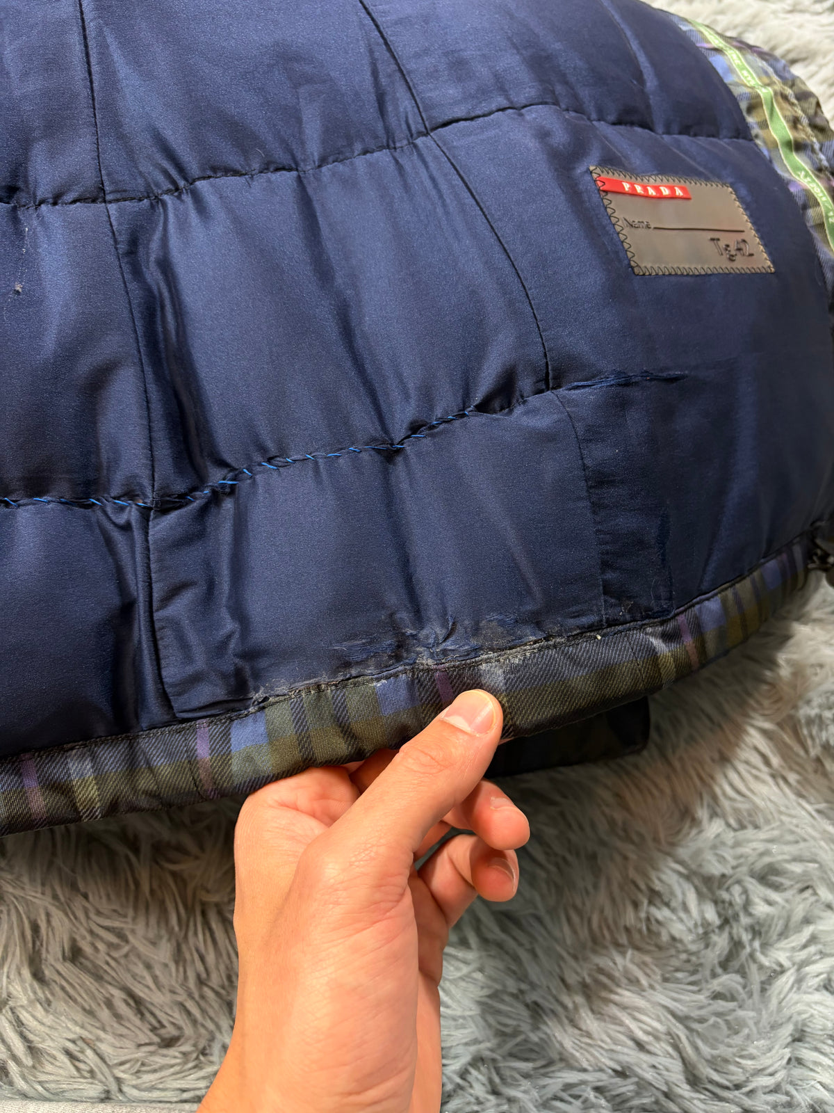 Prada Sport 2011 Shadow Plaid Raccoon Fur Nylon Puffer Gilet - M