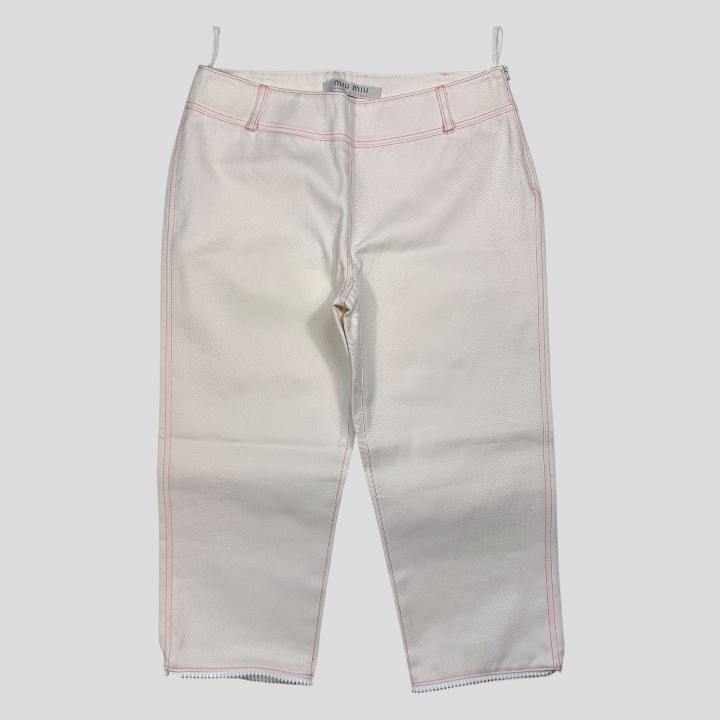 Miu Miu SS00 White and Pink Contrast Stitch Zip-off Bell Trousers - IT42