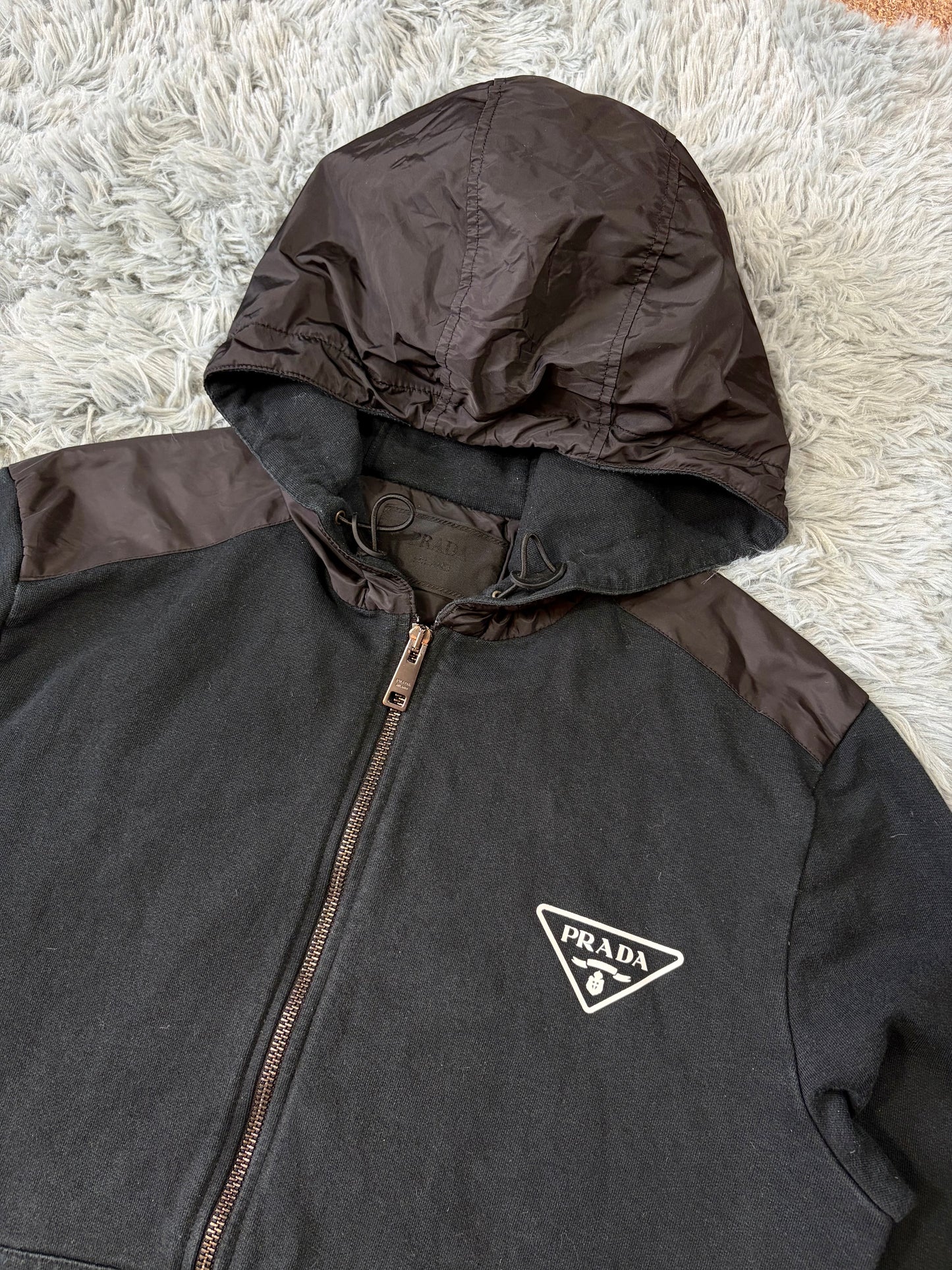 Prada 2022 Triangle Graphic Logo Nylon Panelled Hoodie Jacket - M